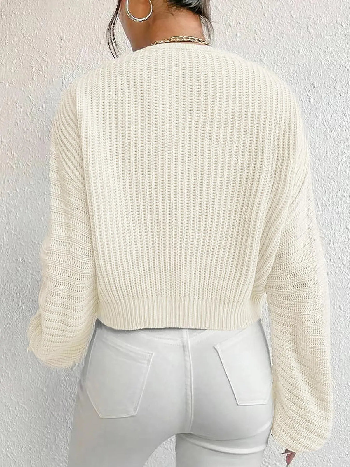 Drop-Shoulder Hollow-Out Knit Jumper – Minimalist V-Neck