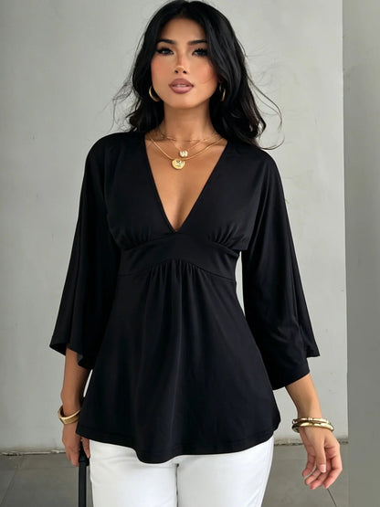V-Neck Ruched Batwing Sleeve Top – Casual Loose-Fit Basic