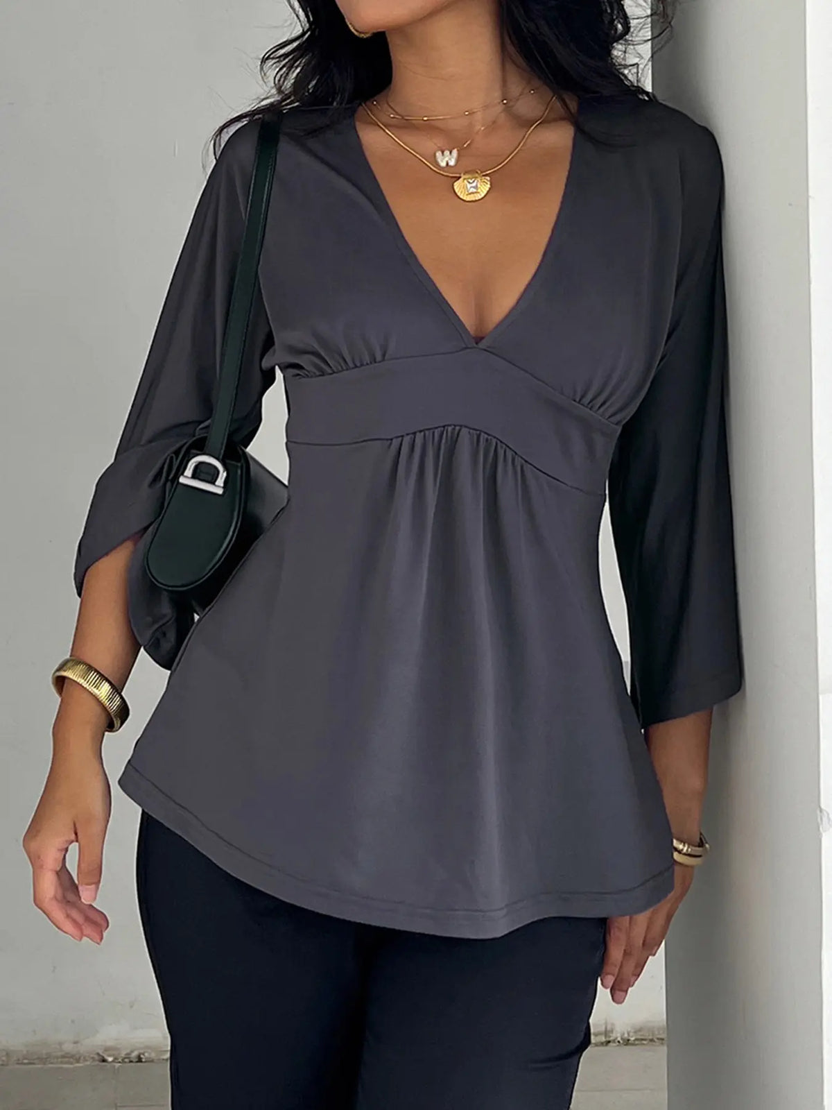 V-Neck Ruched Batwing Sleeve Top – Casual Loose-Fit Basic
