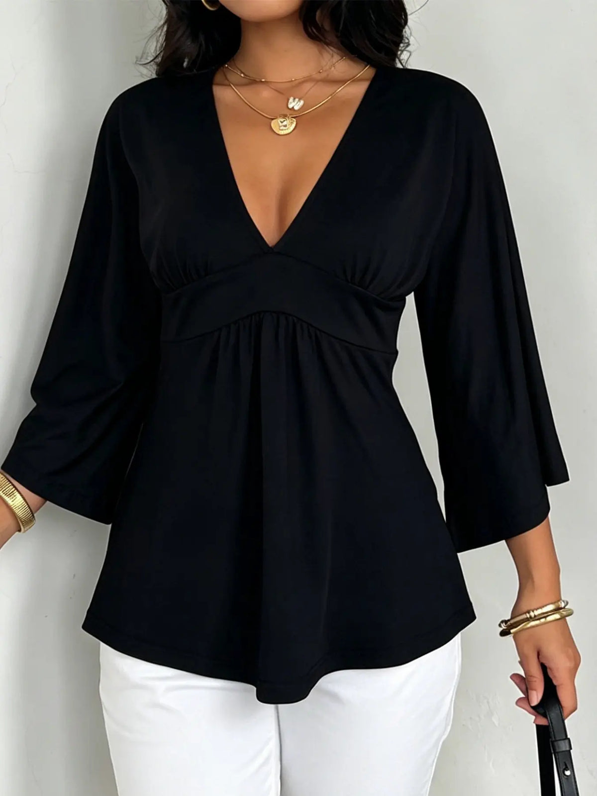 V-Neck Ruched Batwing Sleeve Top – Casual Loose-Fit Basic