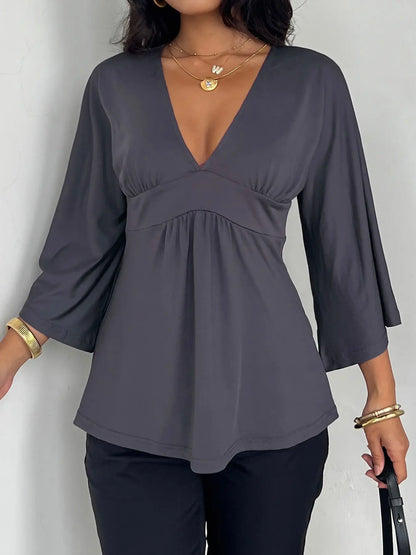 V-Neck Ruched Batwing Sleeve Top – Casual Loose-Fit Basic