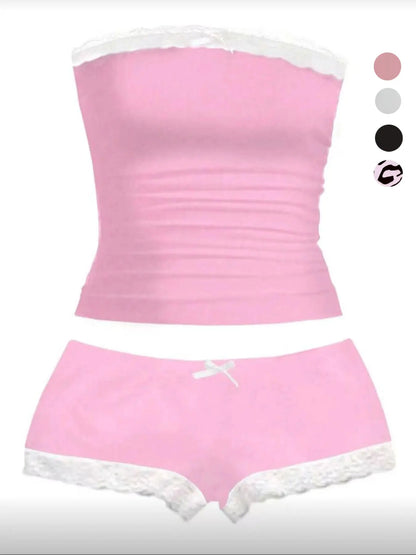 Lace-Trim Crop Top & Shorts Co-Ord Set with Bow Detail