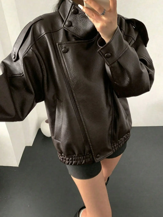 Women's Fall and Winter Streetwear Coats - Fashion Motorcycle Style Leather-Look Long Sleeve Jacket with Vintage Loose Fit and Stand Collar Asymmetrical Design, Available in Multiple Colors