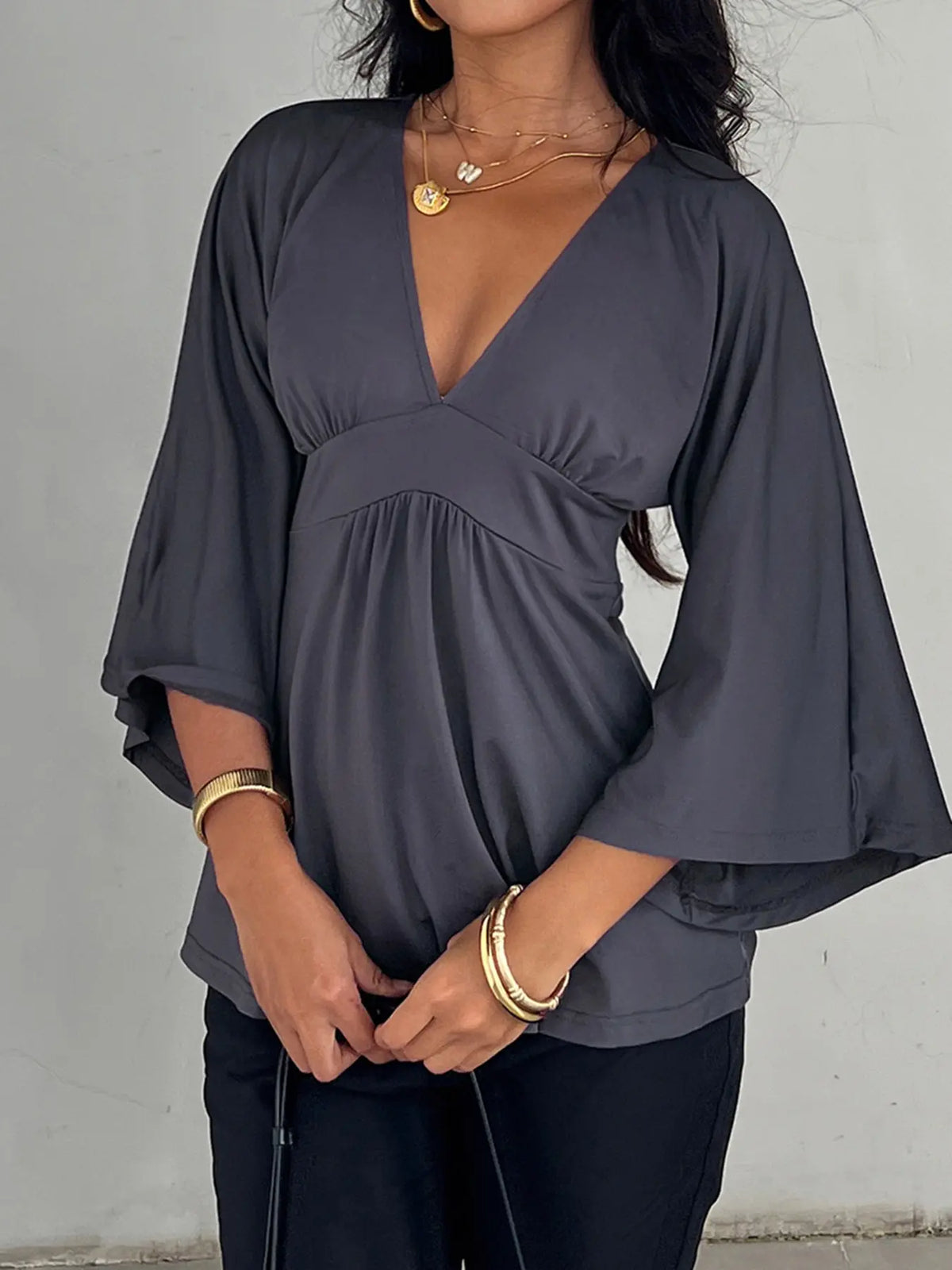 V-Neck Ruched Batwing Sleeve Top – Casual Loose-Fit Basic