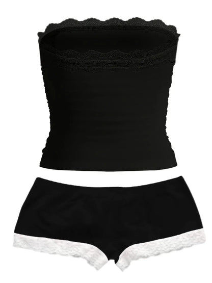 Lace-Trim Crop Top & Shorts Co-Ord Set with Bow Detail