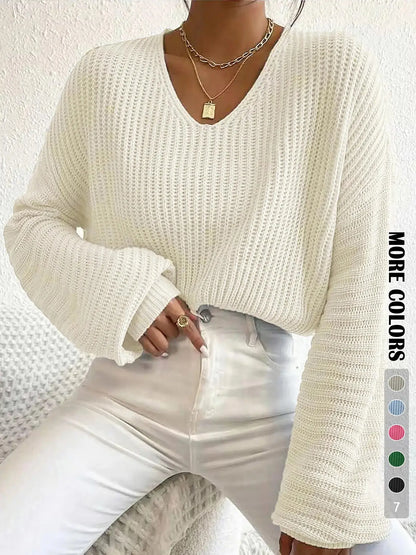 Drop-Shoulder Hollow-Out Knit Jumper – Minimalist V-Neck