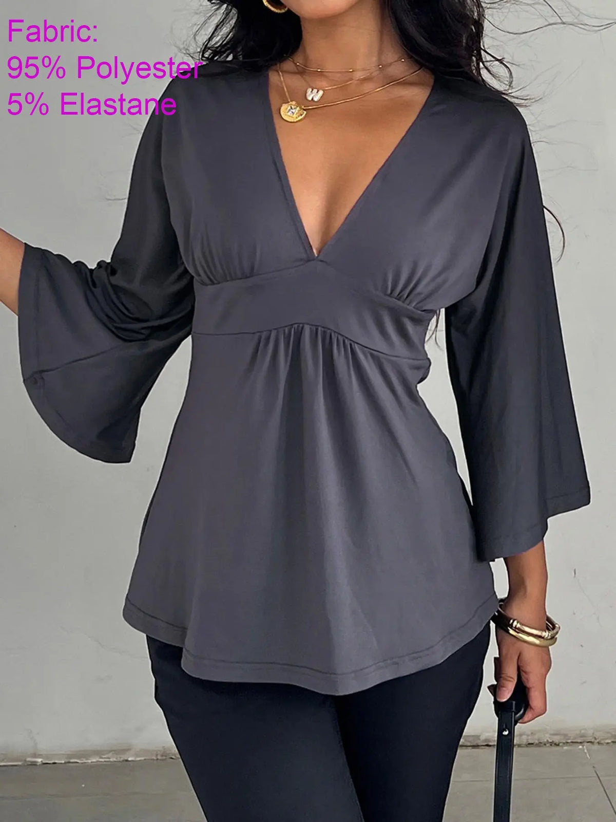 V-Neck Ruched Batwing Sleeve Top – Casual Loose-Fit Basic