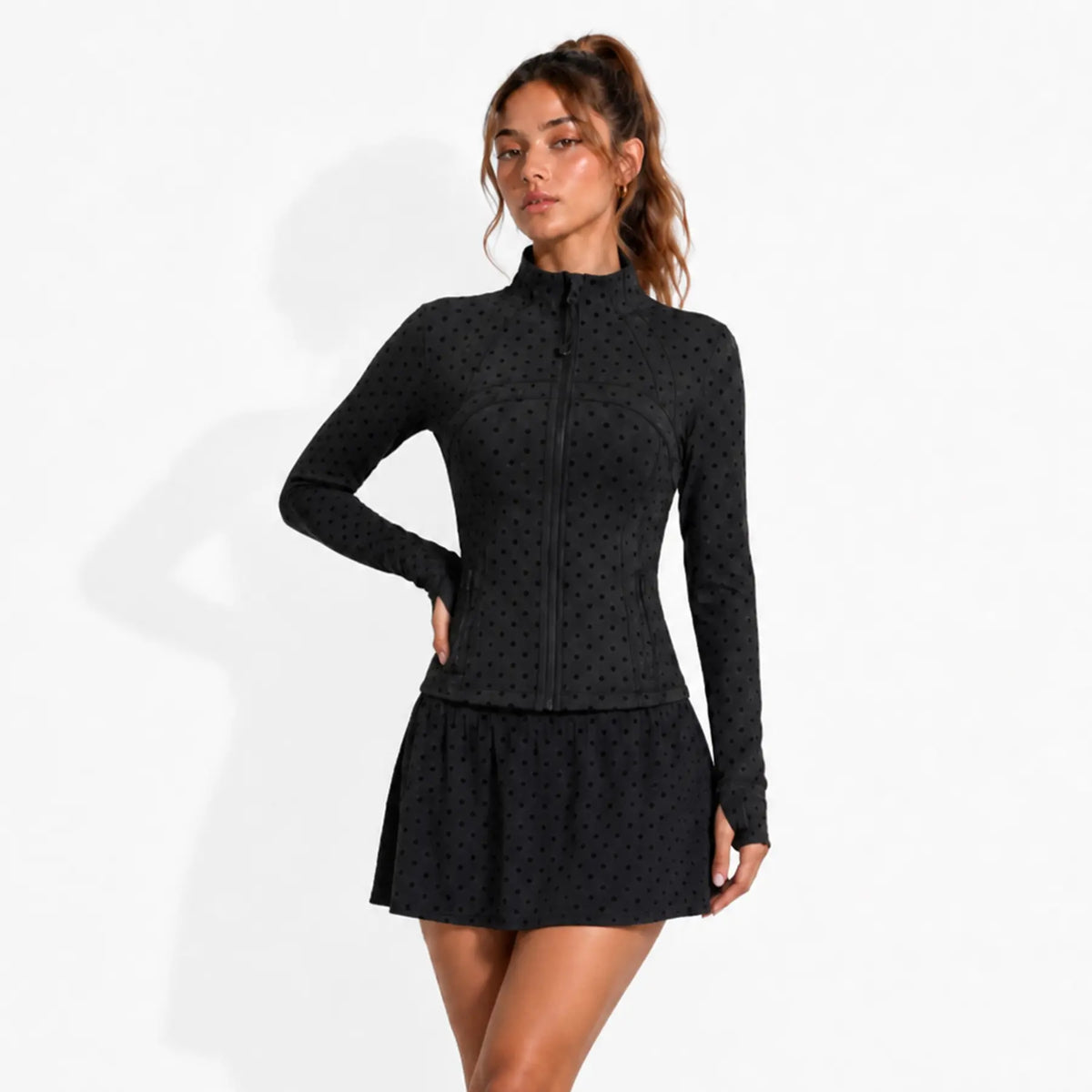 Textured Zip-Up Track Jacket with Matching Shorts/Skirt