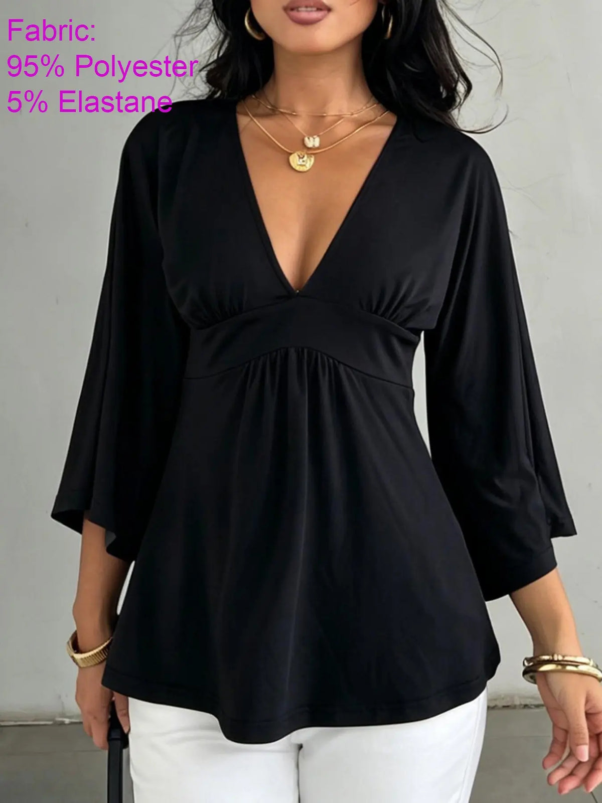V-Neck Ruched Batwing Sleeve Top – Casual Loose-Fit Basic