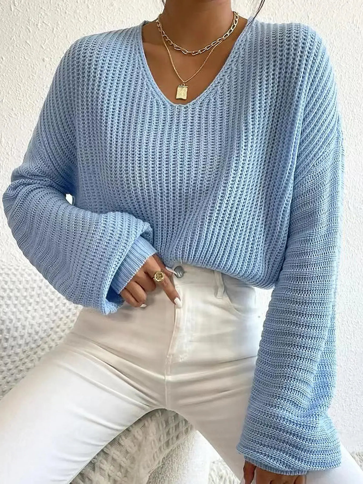 Drop-Shoulder Hollow-Out Knit Jumper – Minimalist V-Neck